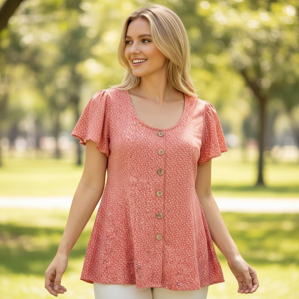 Torrid Blouse Womens 2 Coral Pink Leaf Print Button Front Flutter Sleeve Boho